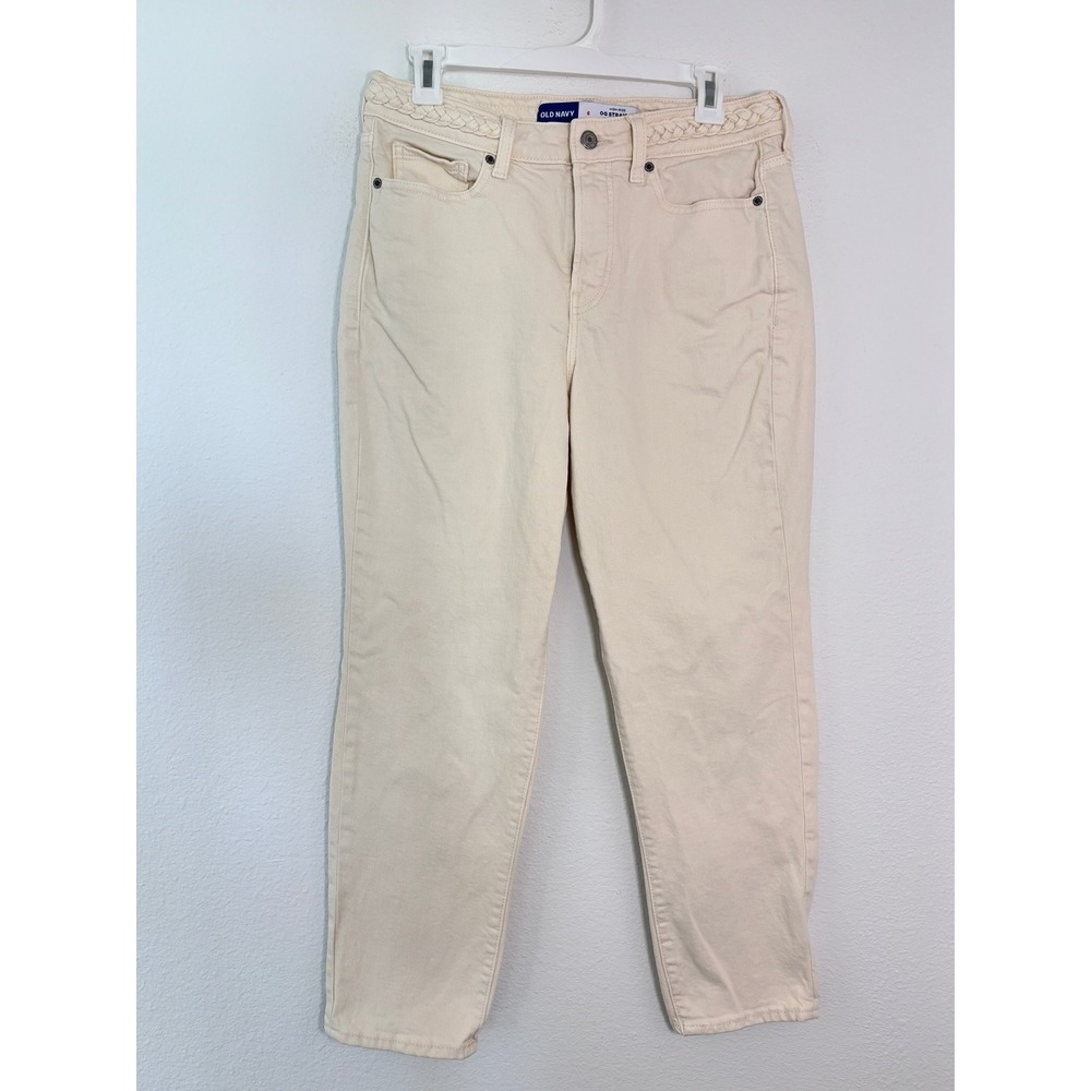 Old Navy OG Straight High Rise Cream Jeans Braided Waistband Size 6 Off White